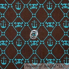BonEful Fabric FQ Cotton Quilt Brown Aqua Blue PIRATE Skull Skeleton Cross Bone