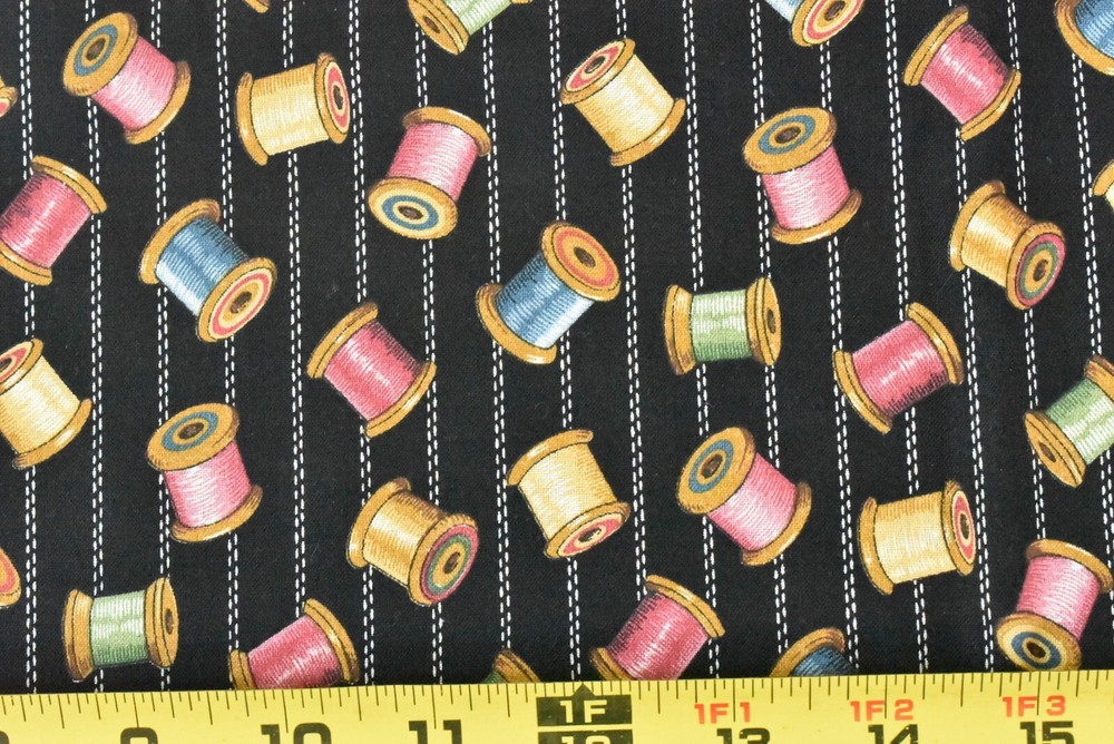 By 1/2 Yd, Vintage, Colorful Wooden Spools on Black, Concord, Kesslers, P7956