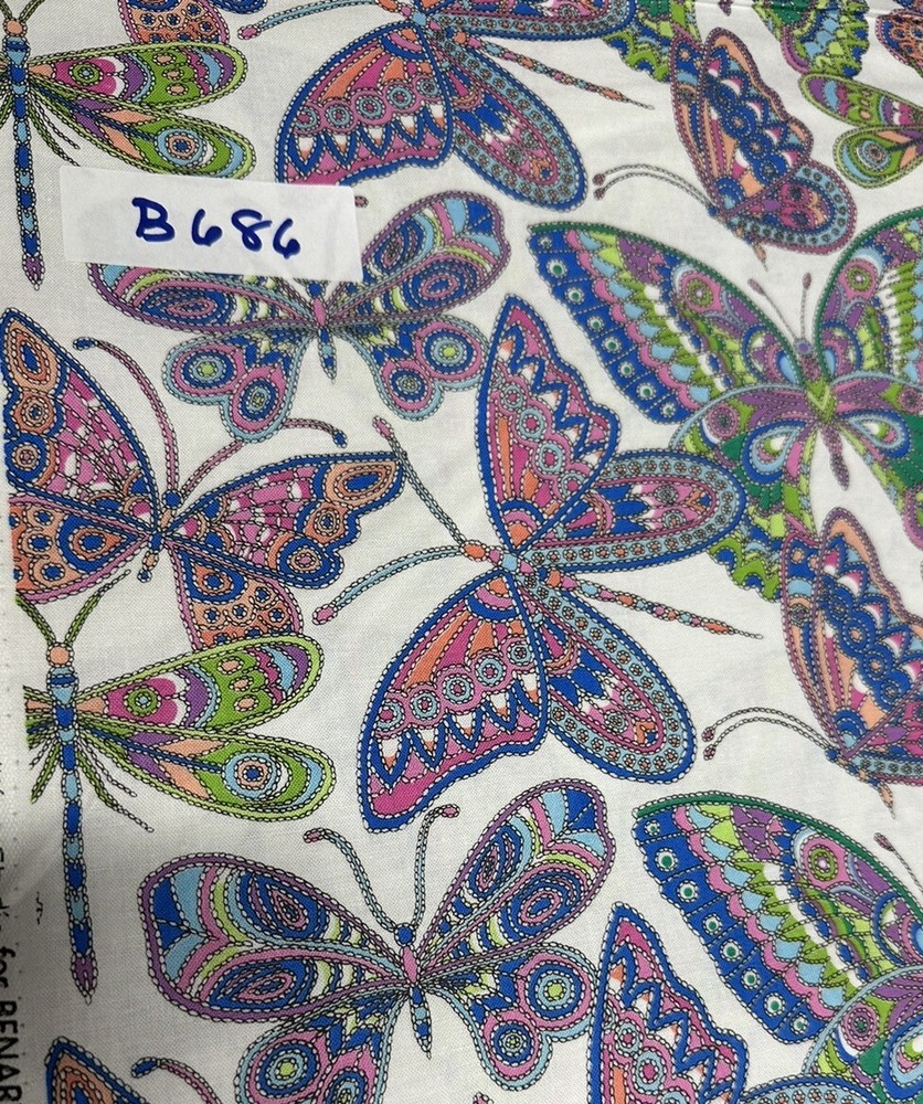 Contempo’s Blooming Denium Butterflies On White Cotton Quilt Fabric Half Yard