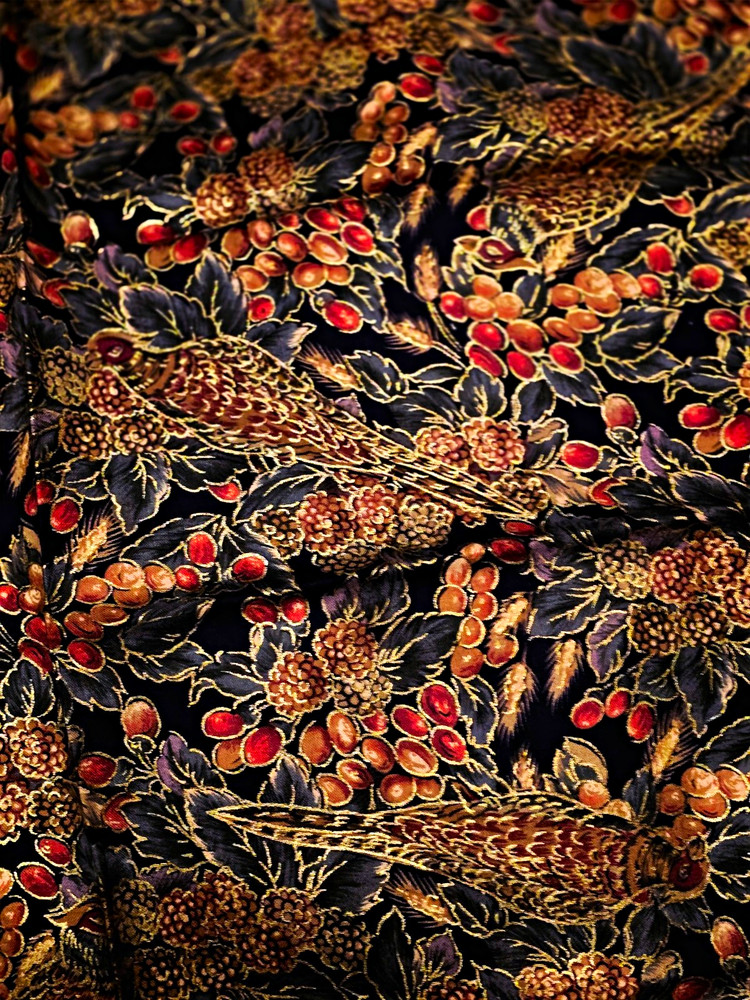 Bird & Berry Animals Theme Print Fabric – Black/Brown/Red/Beige