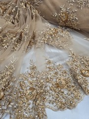 Gold 3d Lace Embroidered 3d Floral Beaded Fabric Sold By The Yard Scalloped