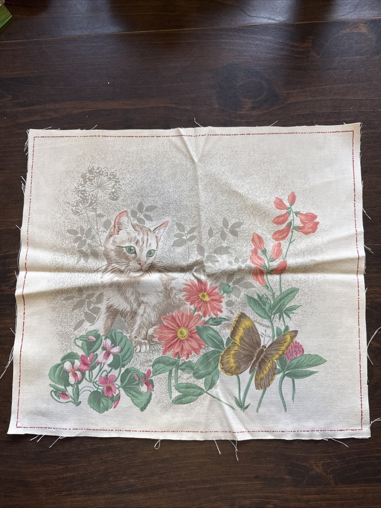 Vtg House ‘N Home Fabrics & Draperies Inc. 1982 Cute Kitten Panel Square 12×14″