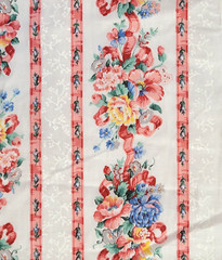 Vintage Cranston Floral Rose Bow Stripe Fabric Pink Blue Bouquet Cottagecore BTY