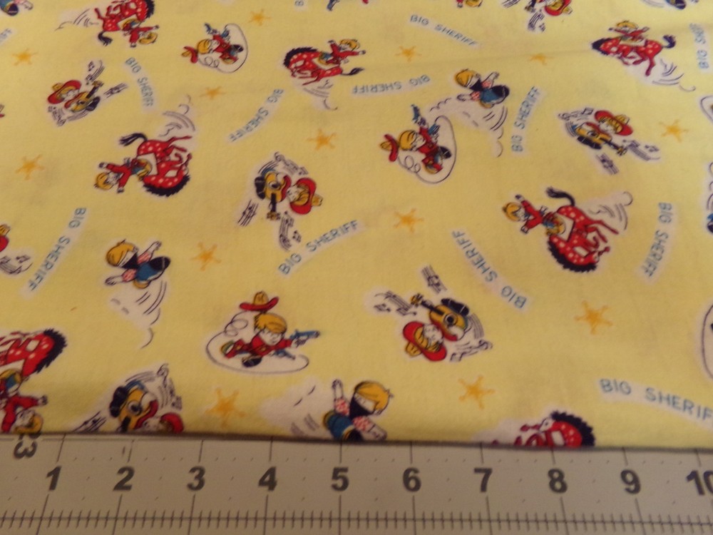 29″ X 44″ VINTAGE FLANNEL”BIG SHEFIFF” ON YELLOW W/COWBOYS RARE COTTON NEW #2299