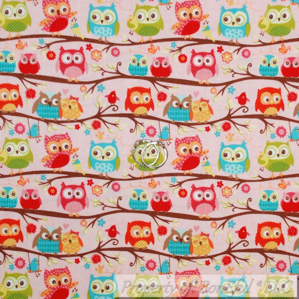 BonEful Fabric FQ Cotton Quilt Pink Blue White OWL Flower Girl Green Leaf Print