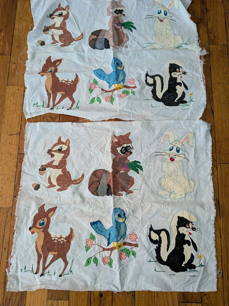 Vintage Hand-Painted Woodland Animal Fabric Panels (2) 19×22 Squirrel Raccoon