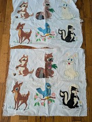 Vintage Hand-Painted Woodland Animal Fabric Panels (2) 19×22 Squirrel Raccoon