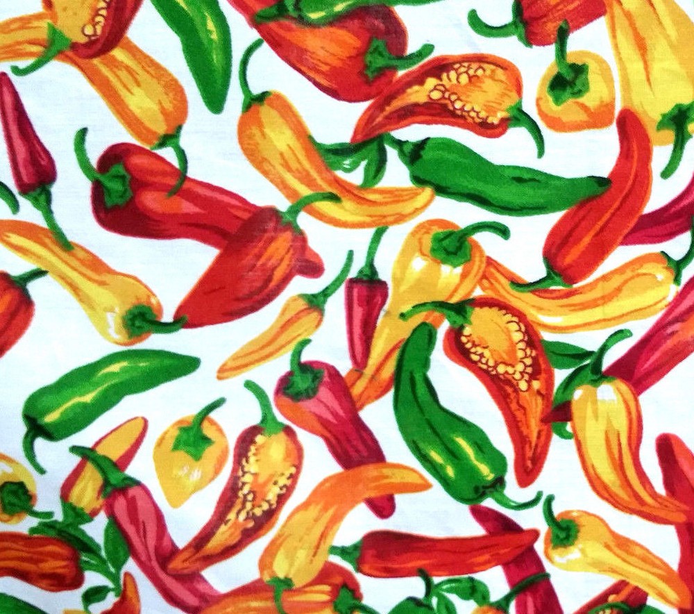 GREEN RED JALAPEOÑO CHILI PEPPERS ON WHITE POLY COTTON FABRIC 60″ By the Yard