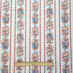 Vintage Cranston Floral Rose Bow Stripe Fabric Pink Blue Bouquet Cottagecore BTY