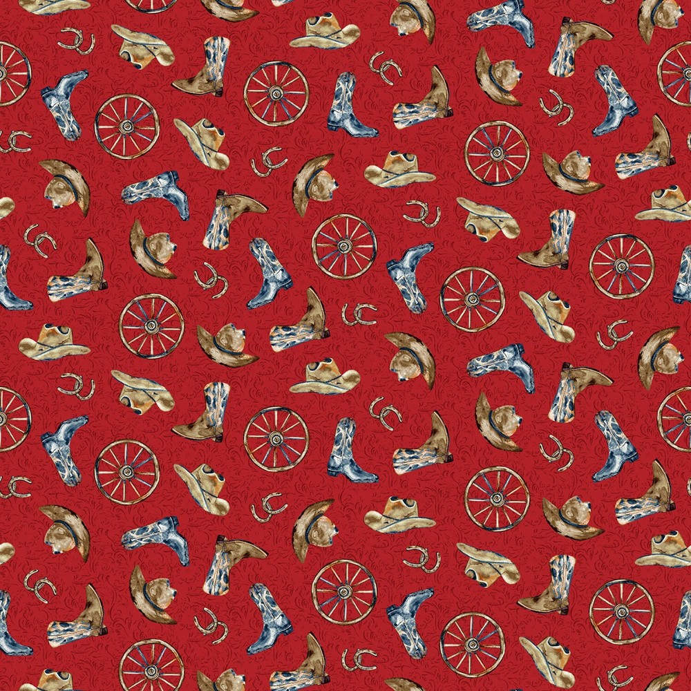 Western View Red Western Motifs From Henry Glass BTY 44: Wide Cotton Fabric