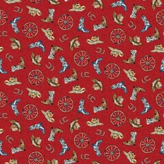 Western View Red Western Motifs From Henry Glass BTY 44: Wide Cotton Fabric