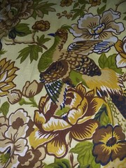 Vintage 1970s Bird & Flower Print Poly Blend Brown Fabric No Stretch 3.75 Yards