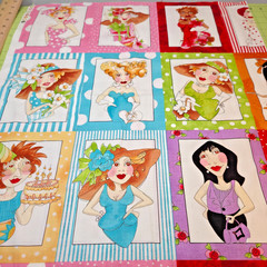 VTG Loralie Harris PORTRAIT Fabric Panel OOP Whimsical Ladies Cotton 24″x44″