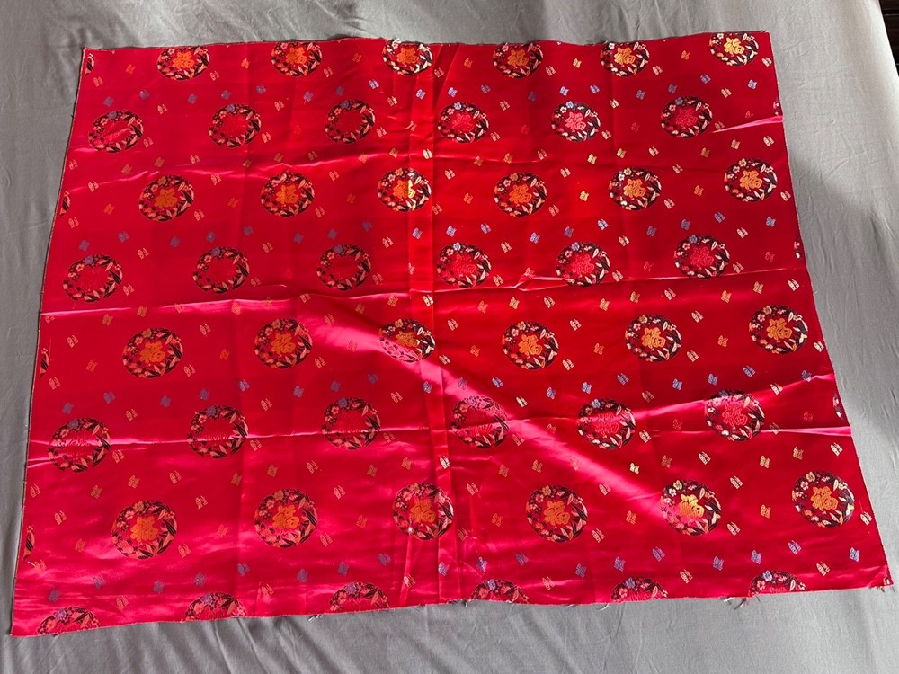 Silk Satin Woven Brocade Fabric Remnant Red Jewel Tones 37x 46″ Good Fortune