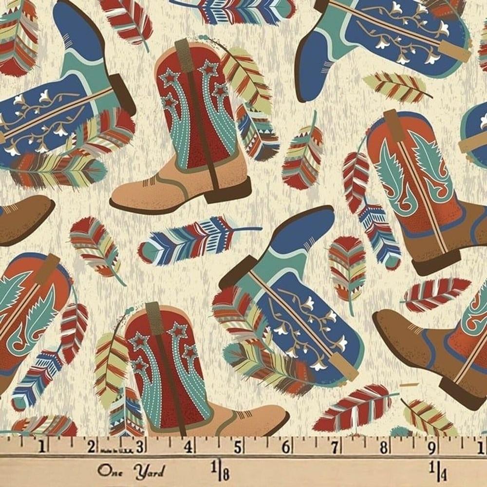 Western Boots Feathers Sewing Fabric Pre-Cut 1 Yd X 44 In Cotton Craft Clothing