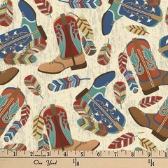 Western Boots Feathers Sewing Fabric Pre-Cut 1 Yd X 44 In Cotton Craft Clothing