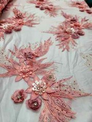 “Coral 3D Floral Embroidered Lace Fabric with Rhinestones and Beads – Sold by th