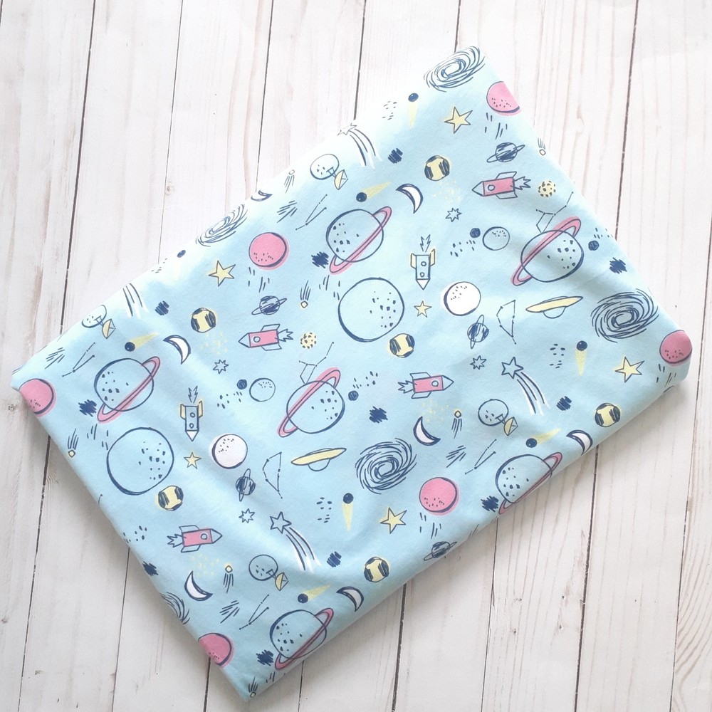 JoAnn Pop! Space Themed Cotton Knit Fabric Light Blue 60″ Wide 2 1/8 yards
