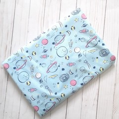 JoAnn Pop! Space Themed Cotton Knit Fabric Light Blue 60″ Wide 2 1/8 yards