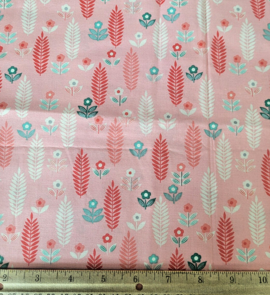 Flowers & Rounded Fern Leaves Stems Cotton Fabric Quilter’s Showcase