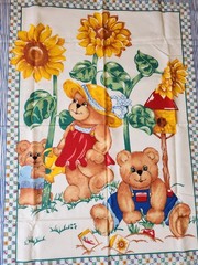 Vtg Teddy Bear Sunflower Theme Fabric Panel Quilt Blanket Sewing Wall Hang Baby