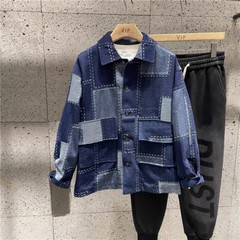 Vintage Washed Denim Fabric Rectangular Grid Splicing Fabric DIY Jacket Pants