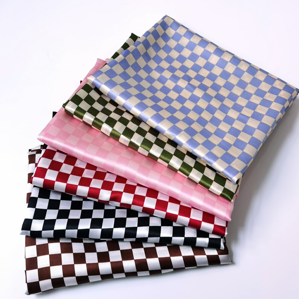 By Yard Chessboard Plaid Satin Fabric Geometric Silky Charmeuse material