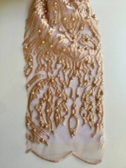 Sabrina CHAMPAGNE GOLD Faux Pearls Beaded Lace Embroidery on Mesh Fabric by the