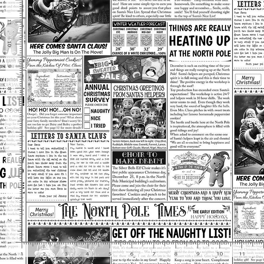 Christmas Fabric | North Pole Newspaper Black White | Timeless Treasures YARD
