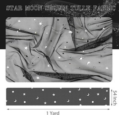 Black Glitter Tulle Fabric Roll with Star Moon Sequins, 1 Yard x 54 Inch