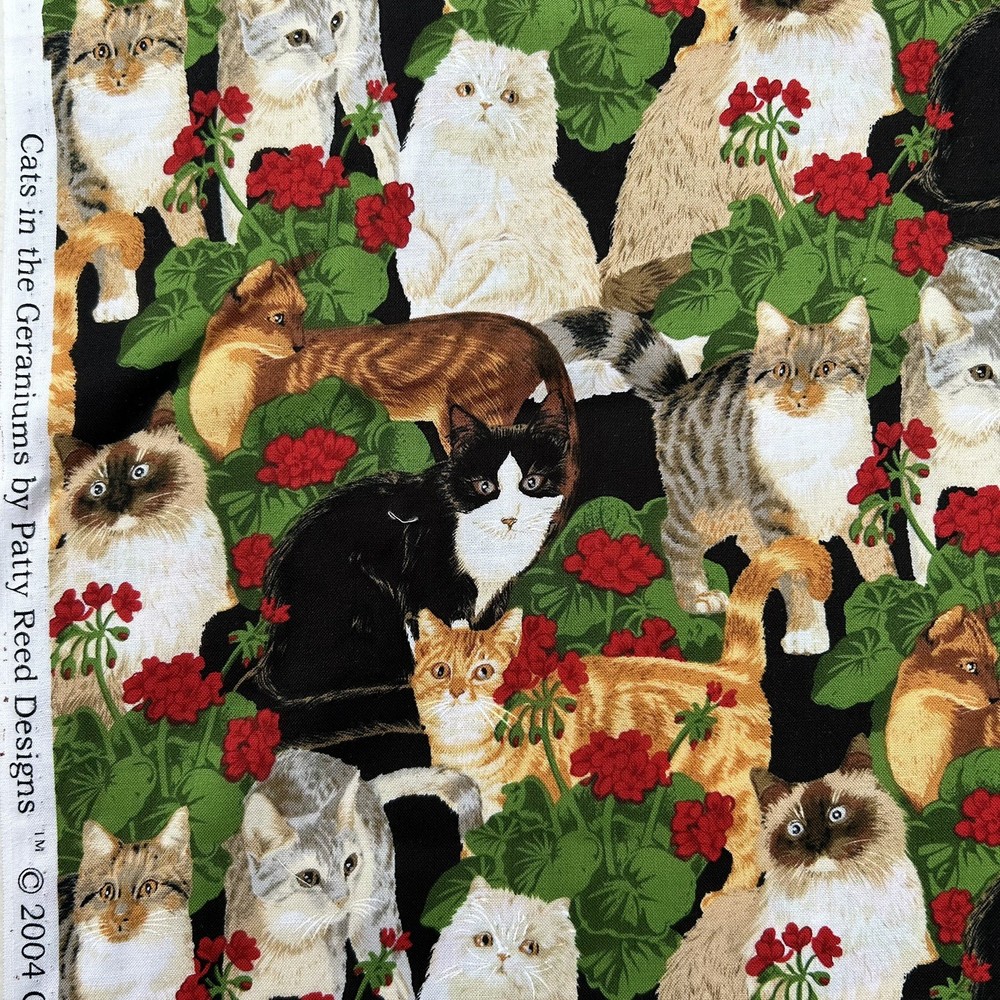 3yds “Cats in the Geraniums” – Fabric Traditions by Patty Reed Designs Rare OOP