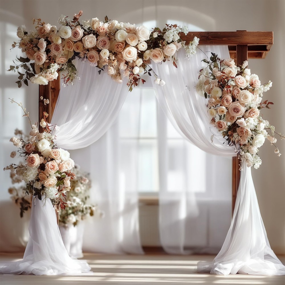Wedding Arch Draping Fabric, White Sheer Backdrop with Floral Decor, Indoor C…