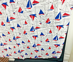 Vintage Sailboat Fabric MCM Mid Century Material 36 x 44 Red White Blue Line Art
