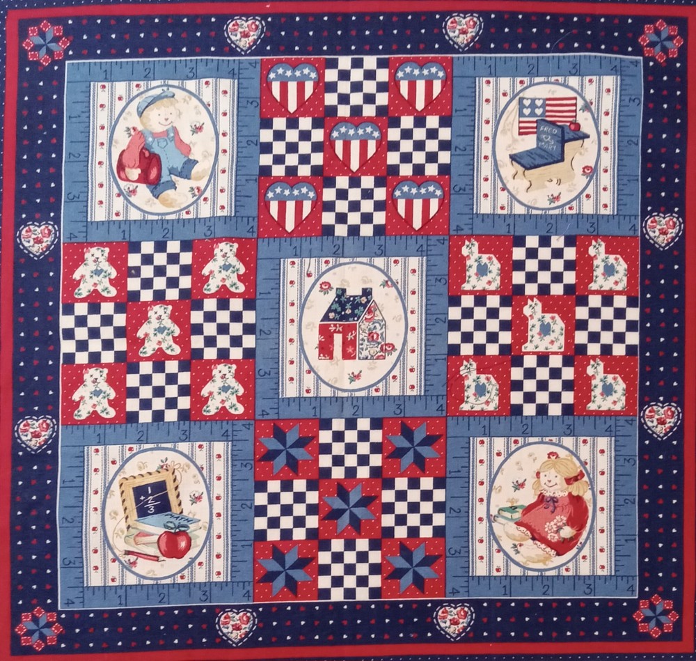 Vtg~Wamsutta~”9-Patch, Children, School, Hearts”~ Cotton Fabric~ 16.75″x16.25″