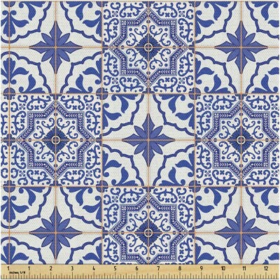 Vibrant Blue and Orange Moroccan Mosaic Fabric 2 Yards