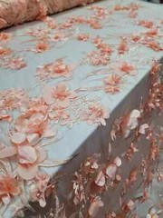 “Dusty Rose 3D Floral Beaded Lace Fabric – Sold by the Yard, Ideal for Prom and