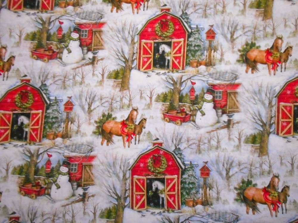 Susan Winget Fabric By Yard Christmas Horses Barns in Snow Scenic Cotton #27