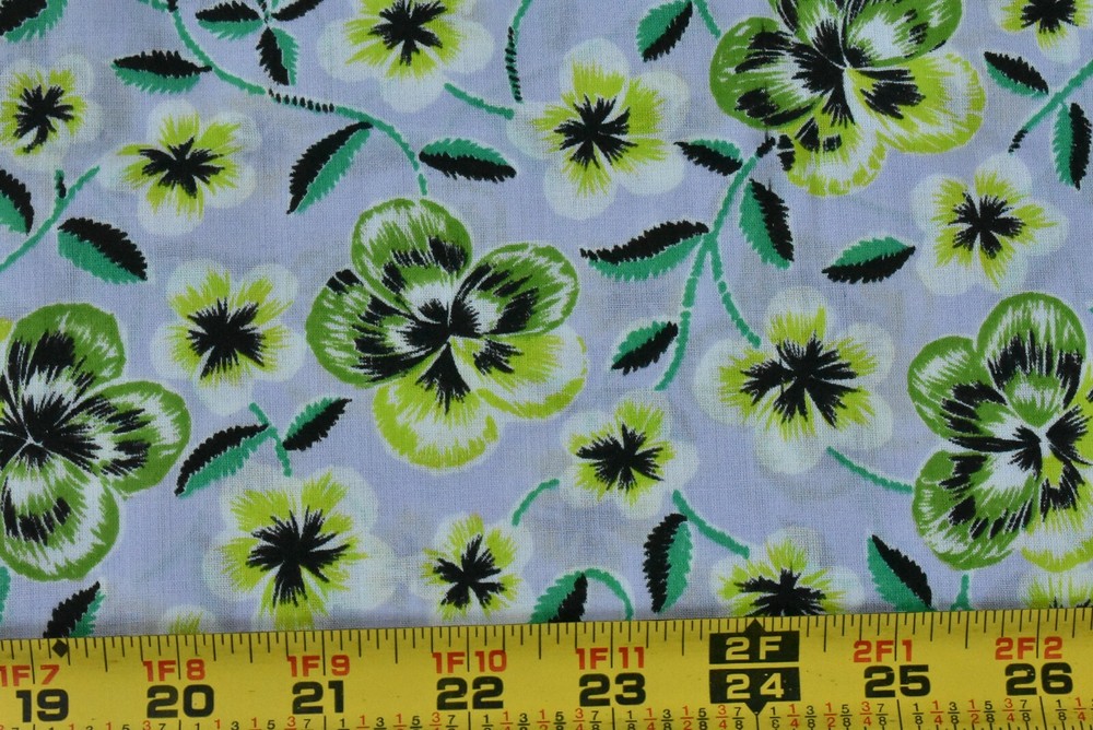 By 1/2 Yd, Vintage 1970, Green Floral on Lavender Lt-Weight Cotton/Klopman,P5086