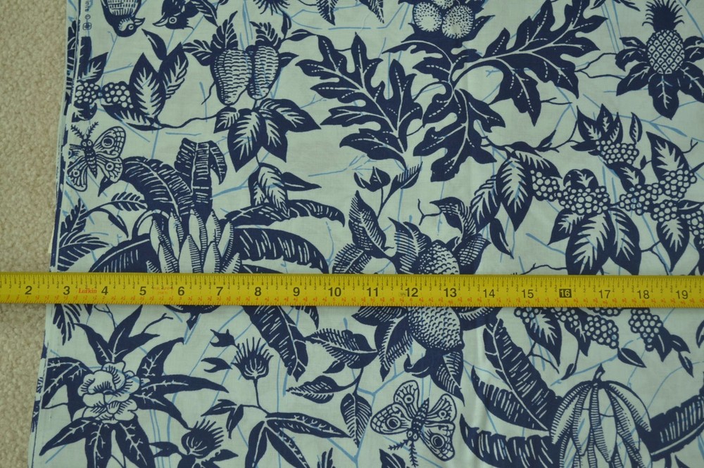 30″ Long, Vintage, Large Navy Flowers & Birds on Light-Blue, Burlington, C2386