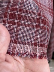 Unlabeled fabric bolt – maroon white blue plaid – 100% wool – 5 ft x 8 ft
