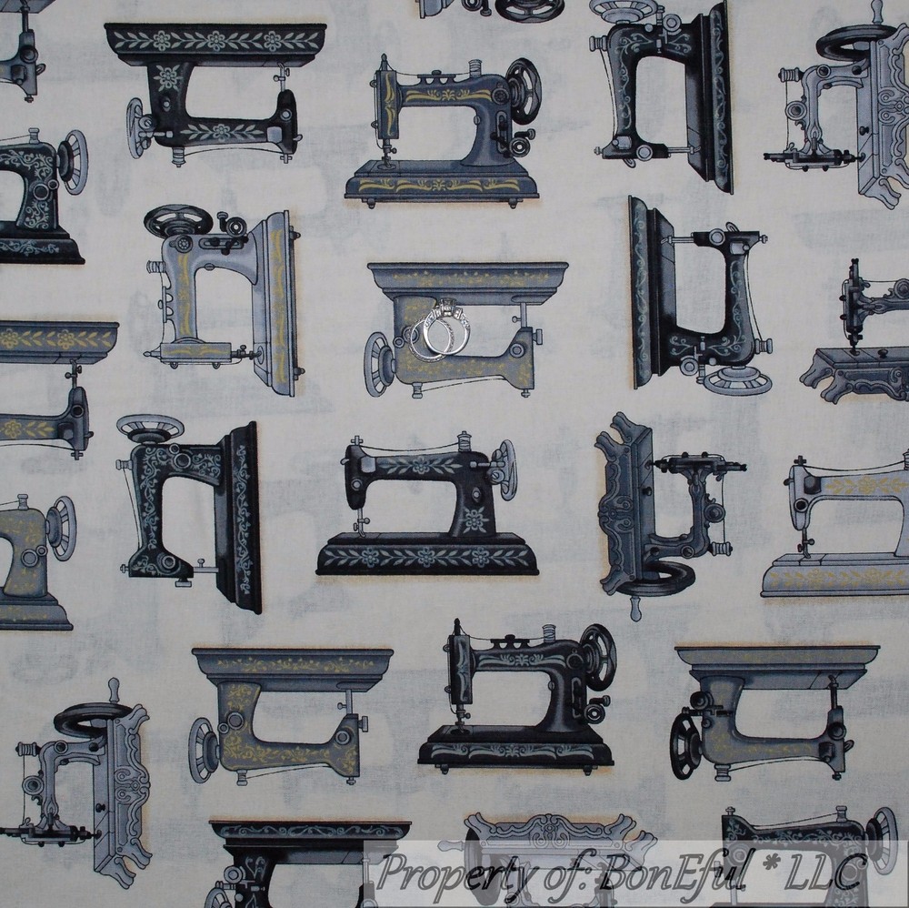 BonEful FABRIC FQ Cotton Quilt White Black VTG Antique Old World Sewing Machine