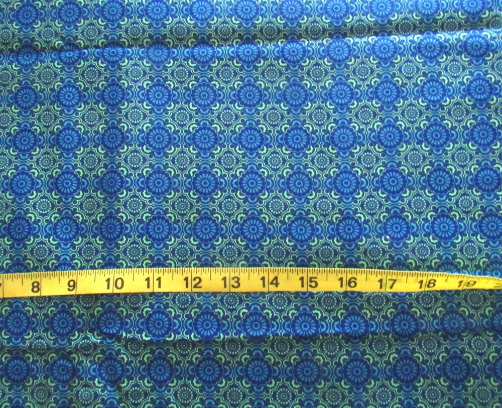 1 yd 100% Cotton Fabric Medallion Like Design, Blues & Lime by David Textiles