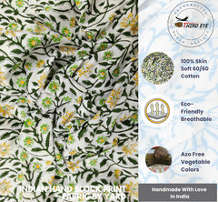 Indian Hand Block Print 60/60 Green 100% Cotton Fabric by the Yard, Lightweight