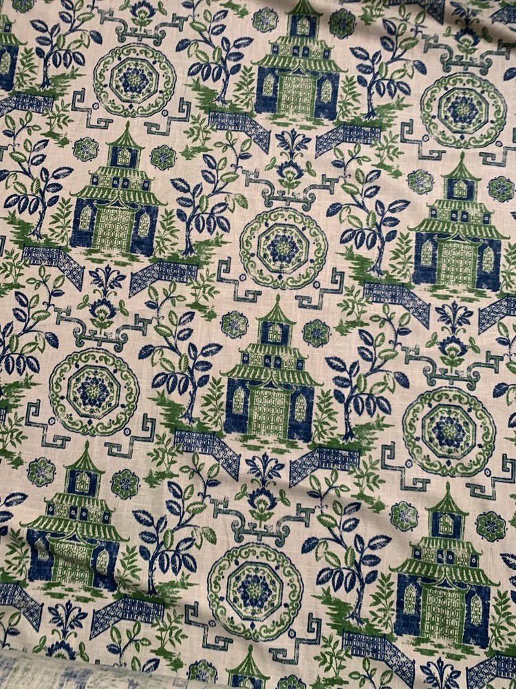 BTY – Richloom Platinum Pagoda Blue , Green Upholstery , Curtain Fabric