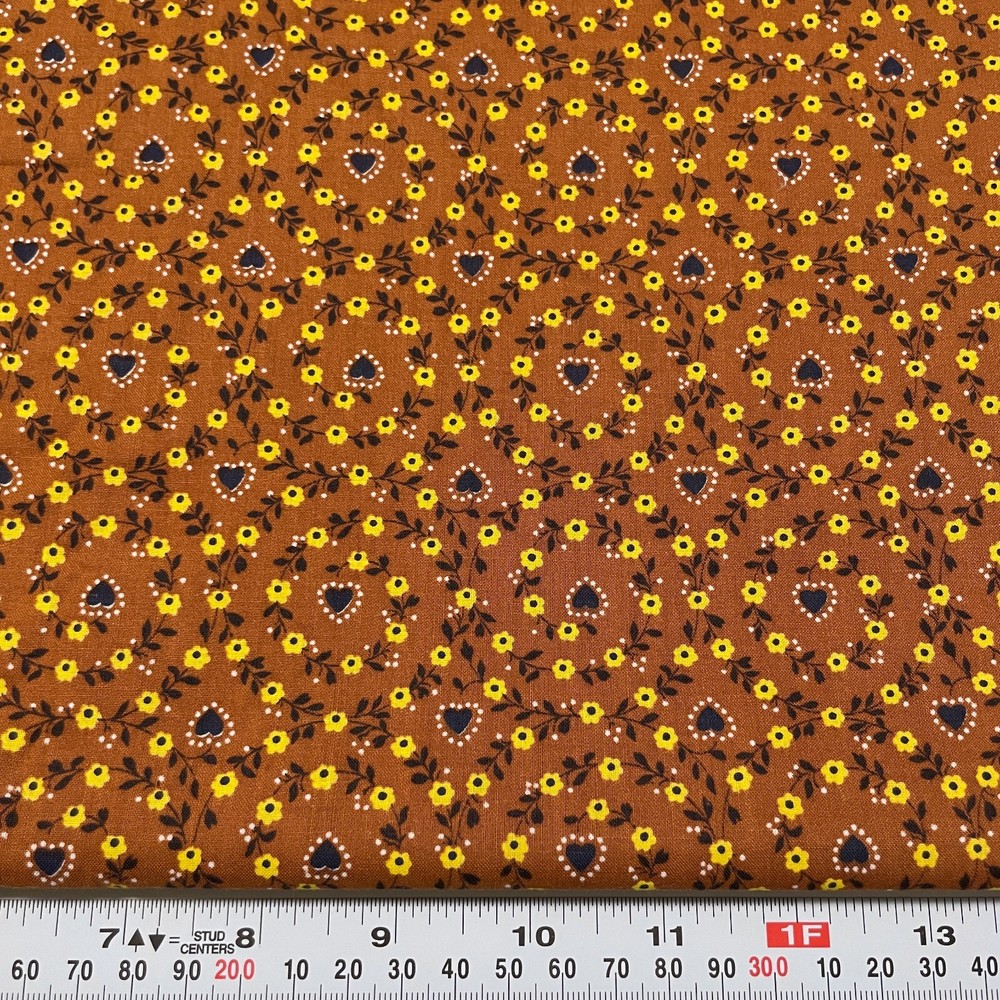 Vintage Yellow Florals Black Hearts Brown Cotton Fabric by the HALF YARD 18×43