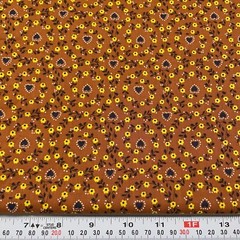 Vintage Yellow Florals Black Hearts Brown Cotton Fabric by the HALF YARD 18×43