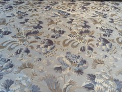 100% Silk Lampas French Pomegranate “whiskey” Blue Tan Gold Historical Design