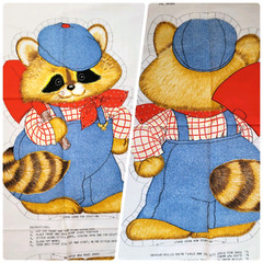 Vintage Spring Mills Raccoon Overalls Pillow Fabric Panel Uncut 12×18 2 Sided