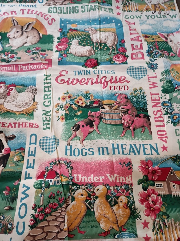 1.5 Yard Vintage Feed Sack Label Fabric Farm Animals Chicken Cow Concord Kessler