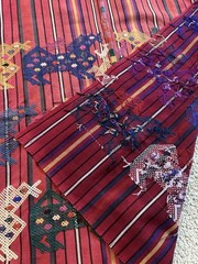 Red Multicolor Woven Striped Fabric Textile with Animal Motif Embroidery